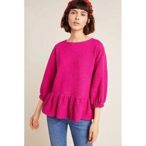 Maeve by Anthropologie Mikayla Peplum 3/4 Sleeve Textured Blouse in Fuchsia Pink